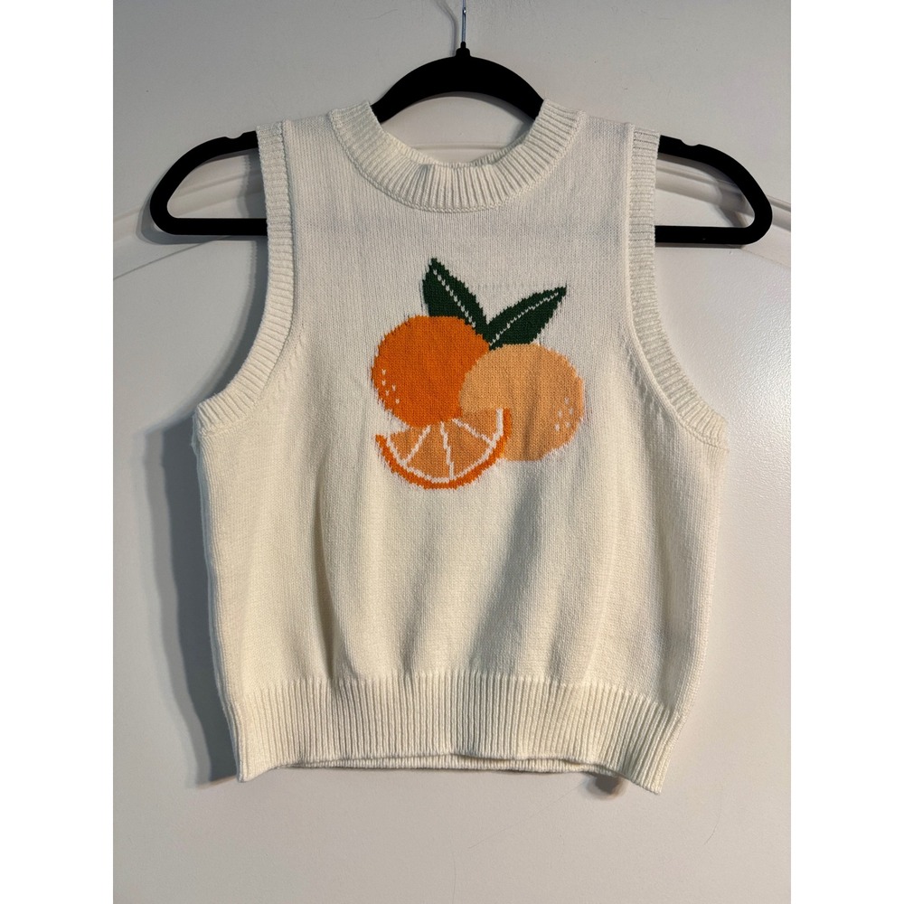 Jessica Simpson Sweater Vest XS Ivory Orange Fruit Graphic Knit Preppy Citrus